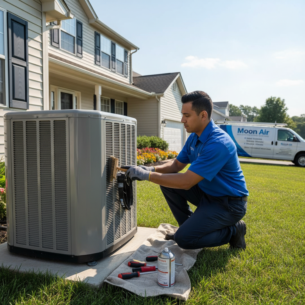 Moon Air technician performing AC maintenance outside a New Castle County, Delaware residence.