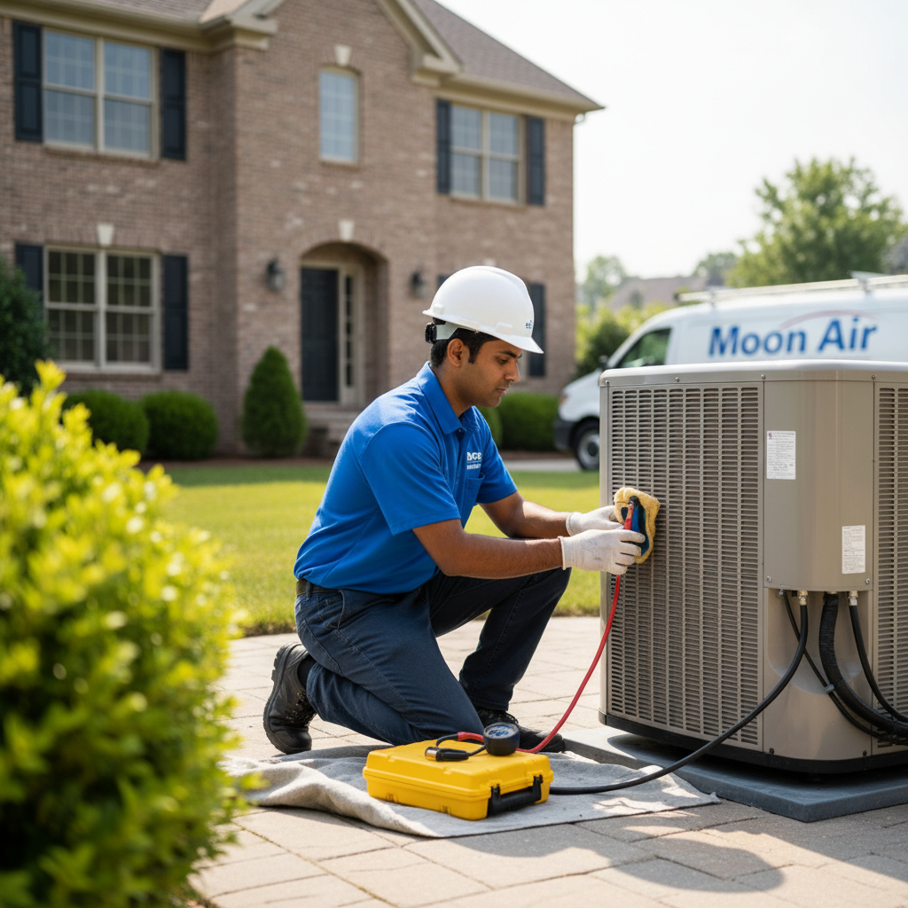 Moon Air technician performing AC maintenance outside a New Castle County, DE residence.