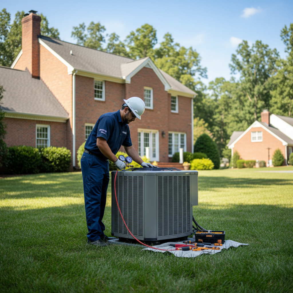 Moon Air technician performing AC maintenance service on an outdoor unit in Chester County, PA.