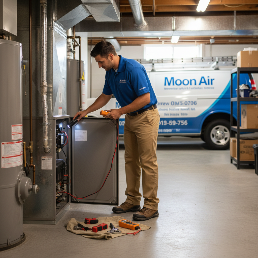 Moon Air technician performing furnace maintenance in a basement in New Castle County, Delaware.