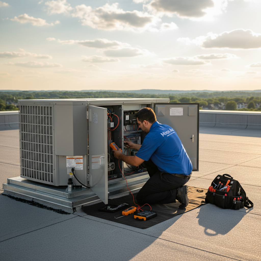 Moon Air technician performing HVAC maintenance on a rooftop unit in Chester County, PA.