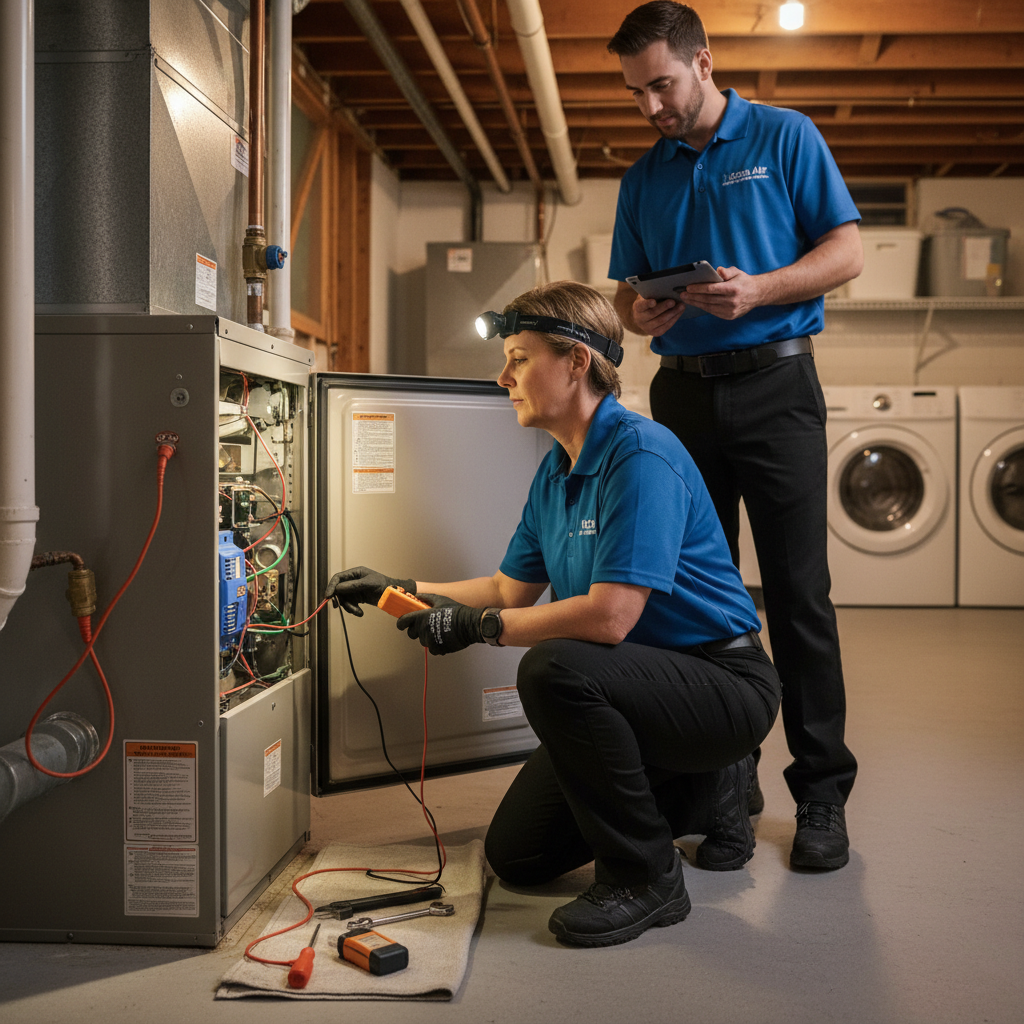 Moon Air technicians inspecting a furnace for heating repair in a New Castle County, DE home.