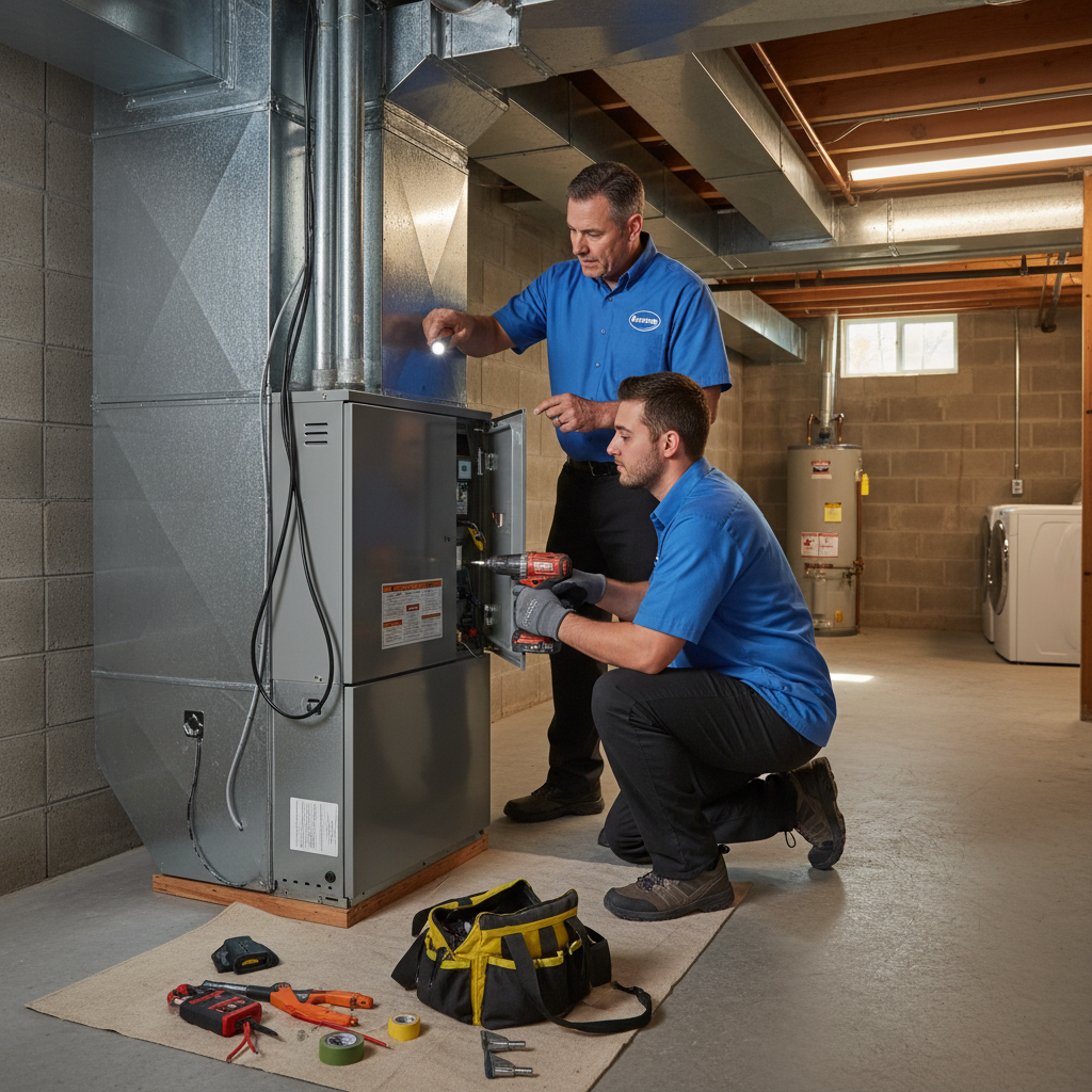 Moon Air technicians installing a new furnace in a home's basement in New Castle County, DE.