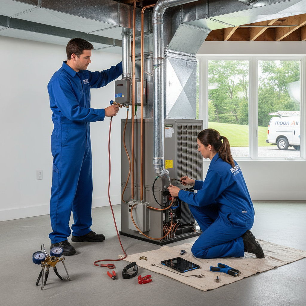 Moon Air technicians installing a new HVAC system in a Chester County, PA home, providing reliable air services.