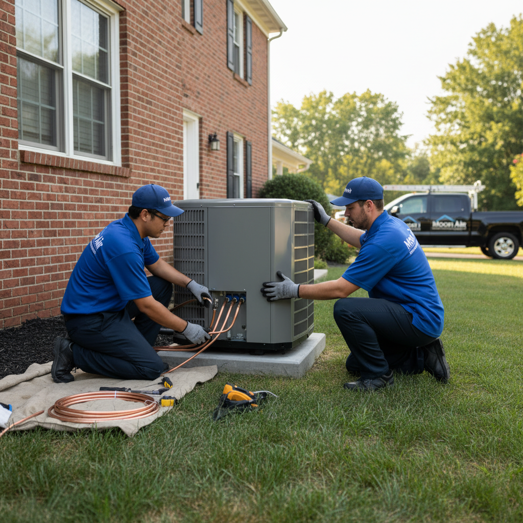 Moon Air technicians installing new air conditioning unit at a Chester County, PA residence.