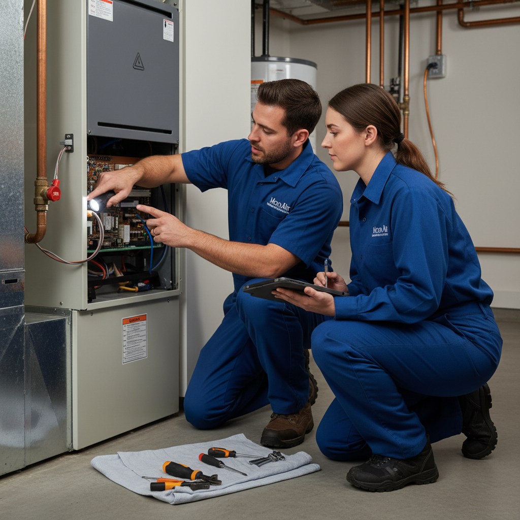Moon Air technicians perform HVAC system maintenance on a residential furnace in New Castle County, Delaware.