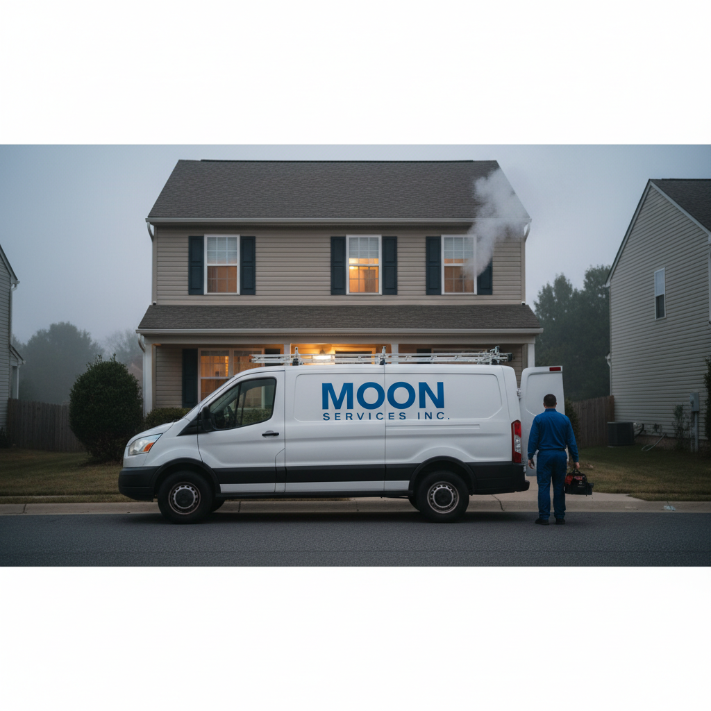 Moon Services van parked in an Elkton, MD neighborhood, ready for furnace not turning on repair.