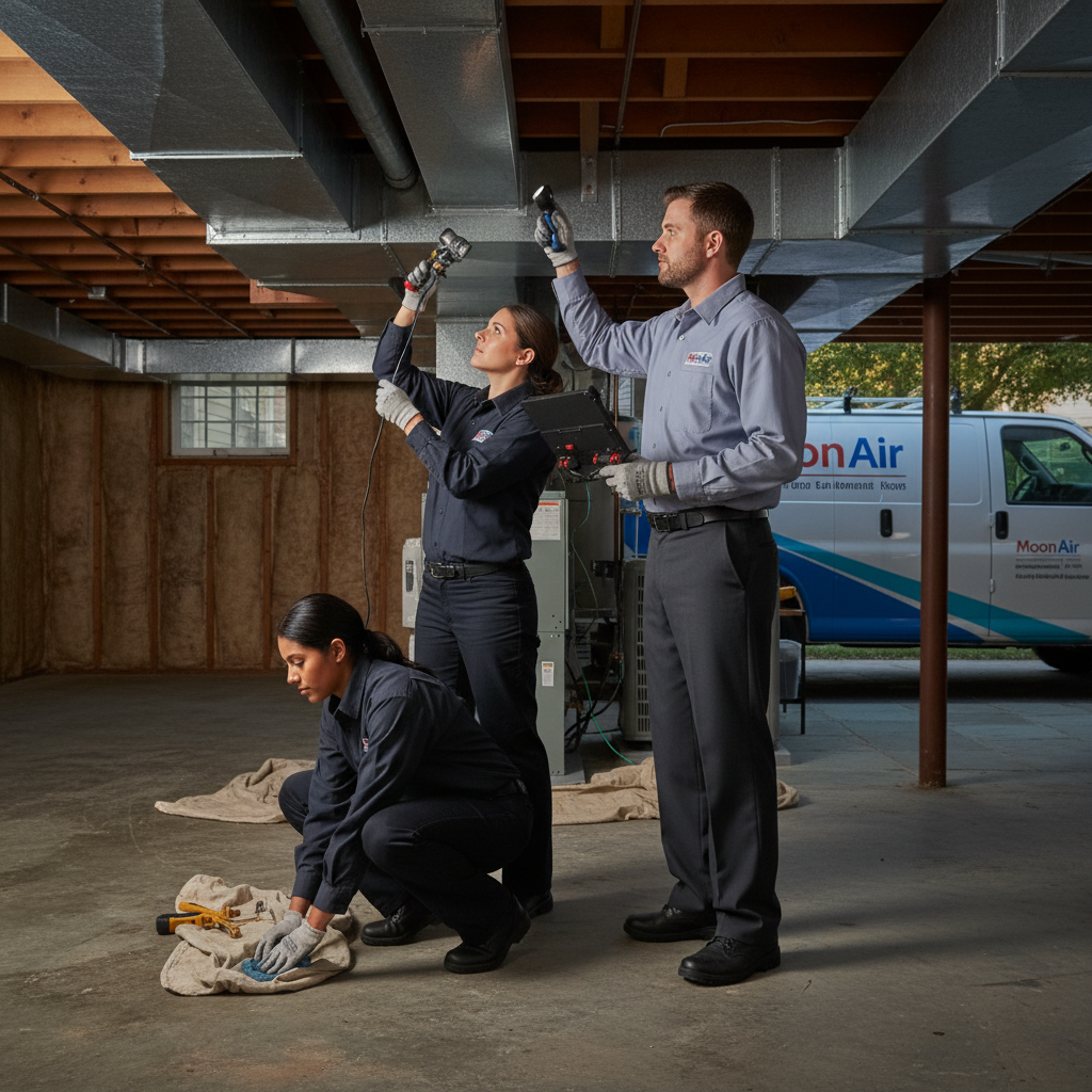 Professional HVAC team performing an air duct inspection in a Chester County, PA, home in Maryland, Delaware, and Pennsylvania.