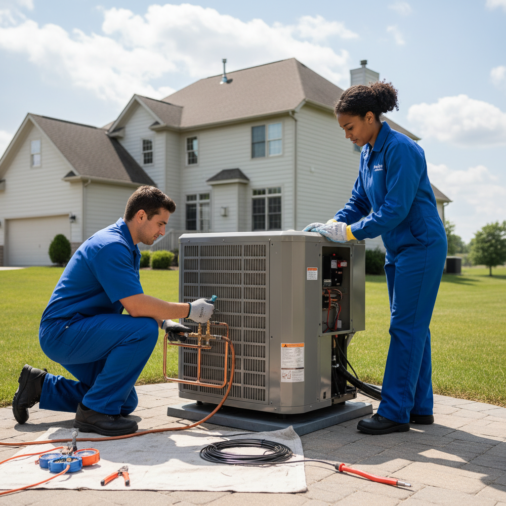 Professional Moon Air team installing a new air conditioning unit in New Castle County, Delaware.