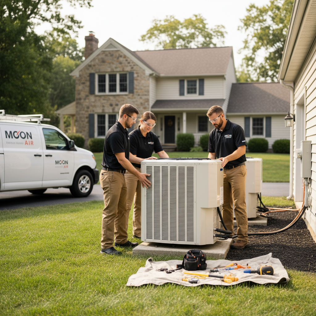 Professional Moon Air team installing a new HVAC unit at a Chester County, PA, residence.