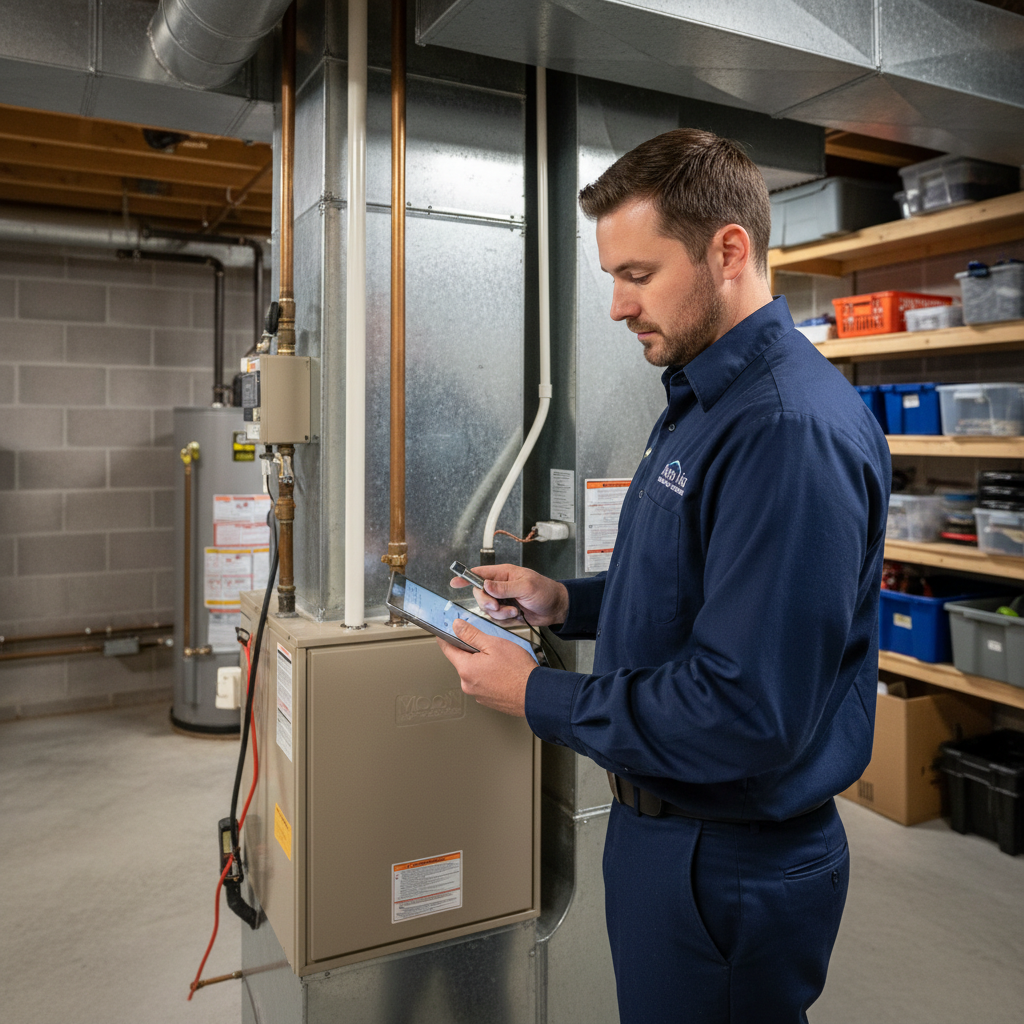 Professional Moon Air technician inspecting a furnace in a Delaware basement, ensuring home comfort.