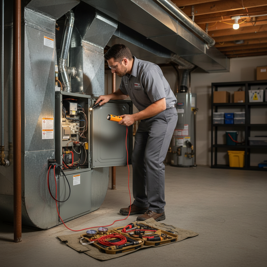 Professional Moon Air technician inspecting a furnace in a New Castle County, DE, home basement.