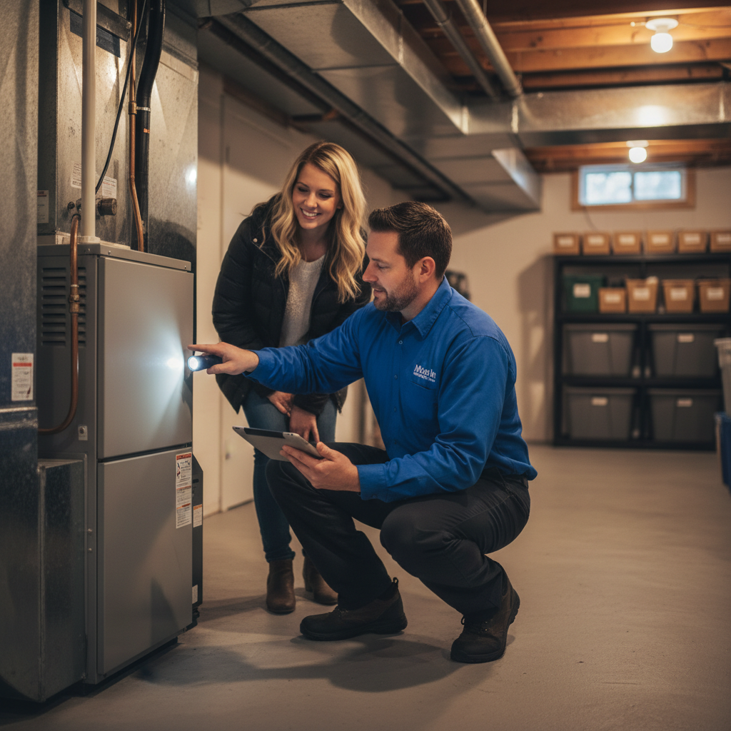Professional Moon Air technician inspecting a furnace in a New Castle County, Delaware basement, providing heating service.