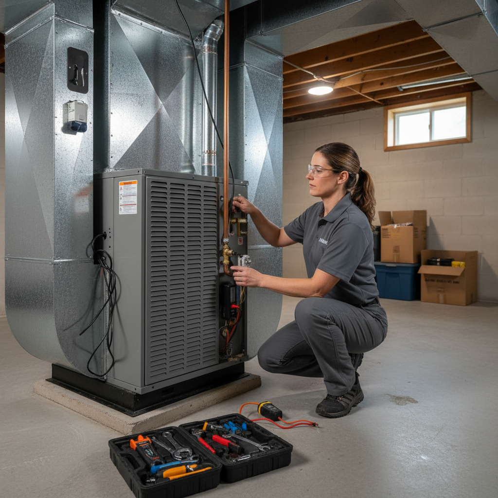 Professional Moon Air technician installing a new furnace in a Delaware home, providing efficient heating service.