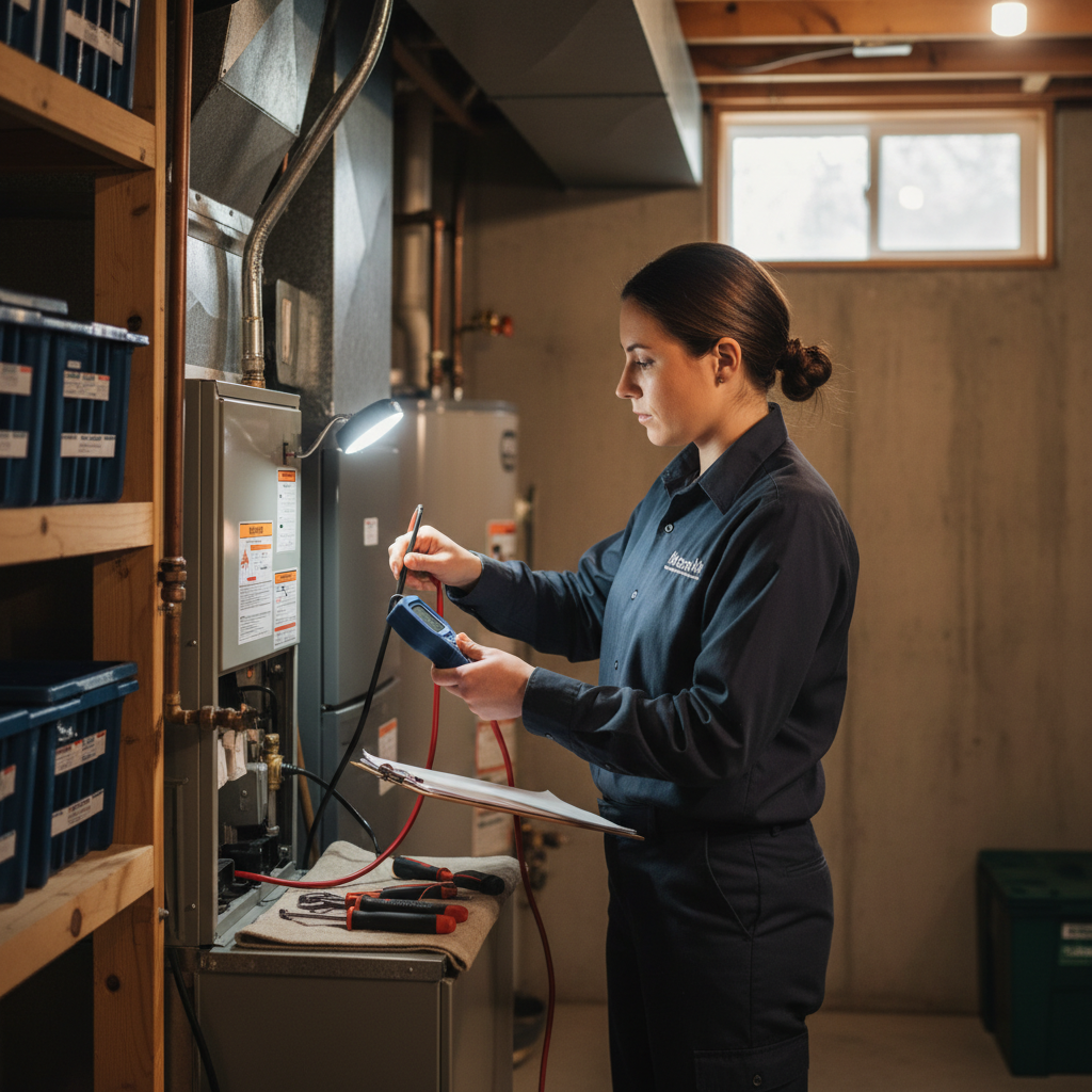 Professional Moon Air technician performing heating system maintenance in a Chester County, PA home's basement.