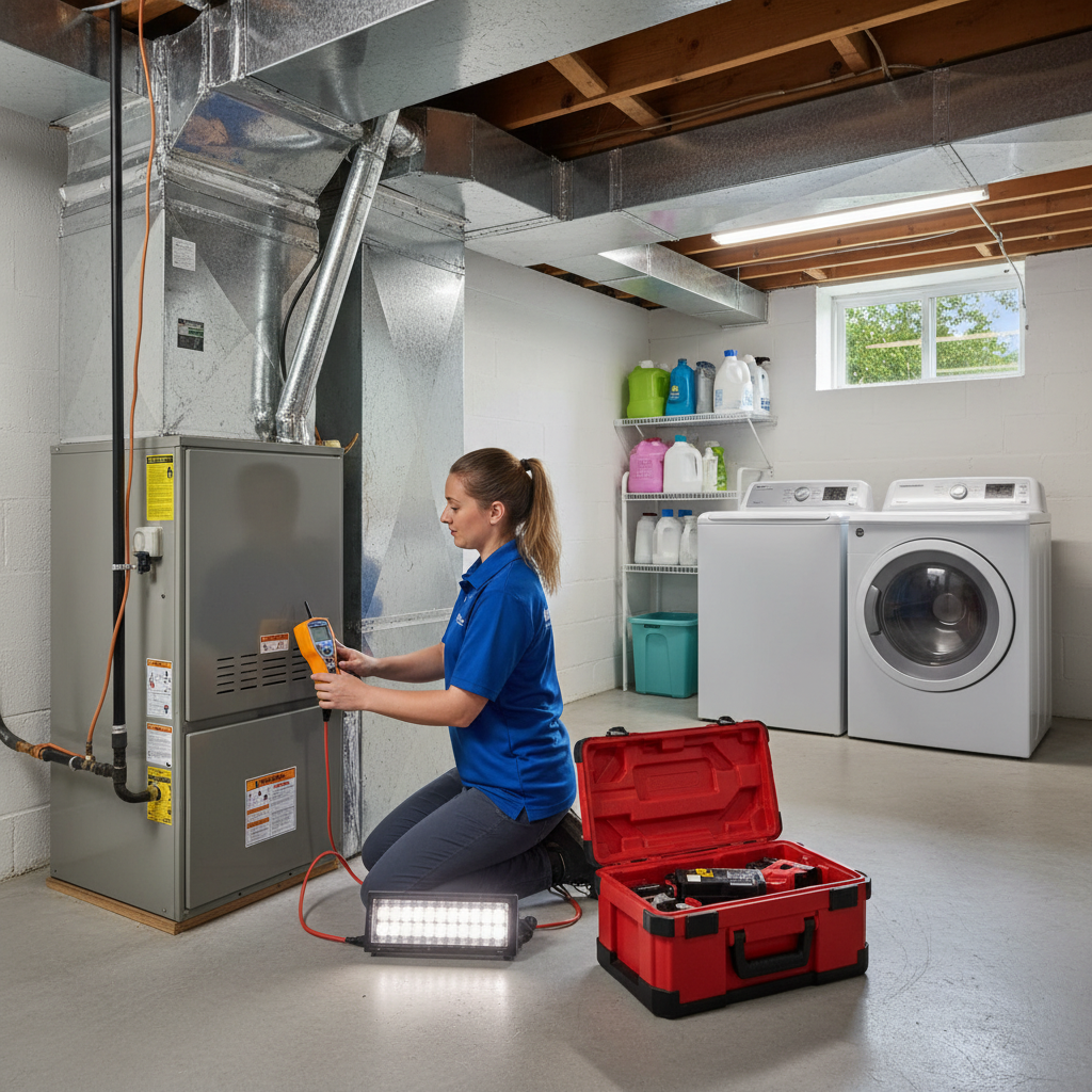 Professional Moon Air technician performing HVAC maintenance in a Chester County, Pennsylvania basement.