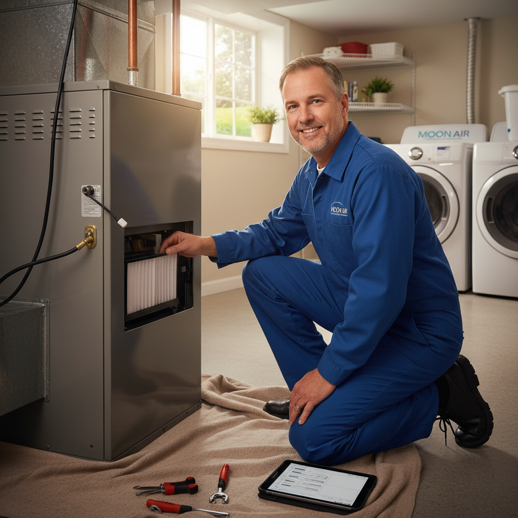 Professional Moon Air technician performing routine HVAC maintenance for a client in Chester County, PA.