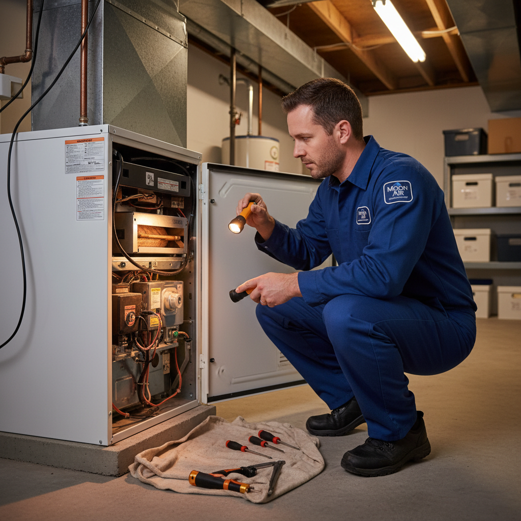 Skilled Moon Air technician inspecting a furnace in a Pennsylvania basement, ensuring comfort.
