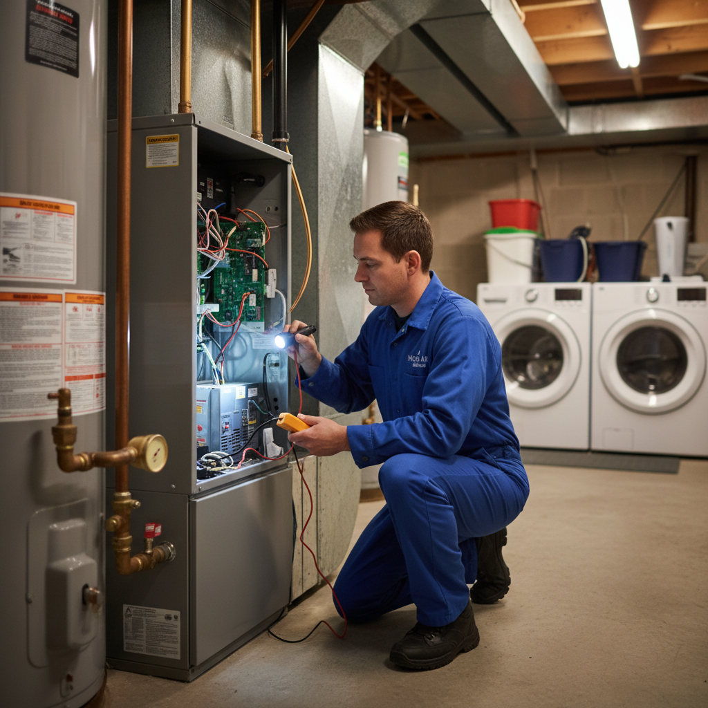 Skilled Moon Air technician performing furnace maintenance in a New Castle County, Delaware home.