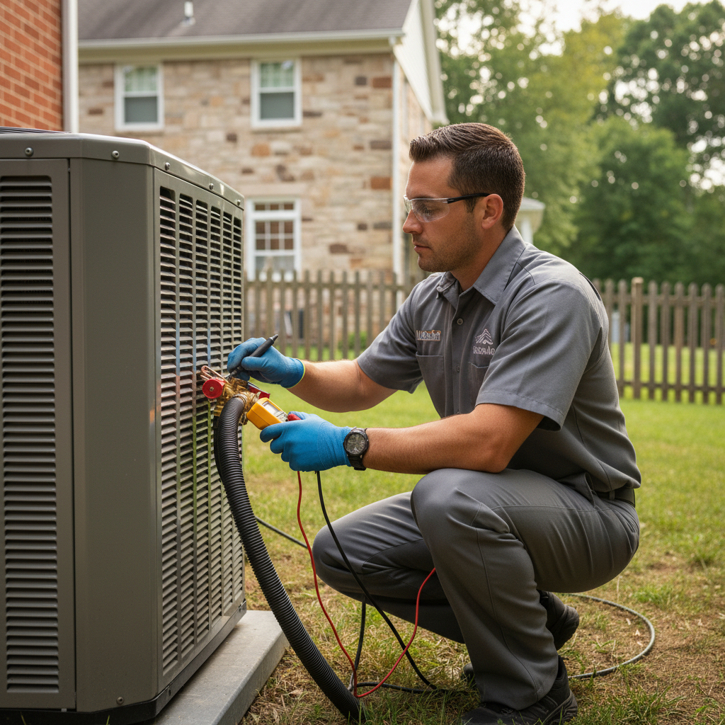 Skilled Moon Air technician working on an outdoor HVAC unit in Chester County, Pennsylvania.