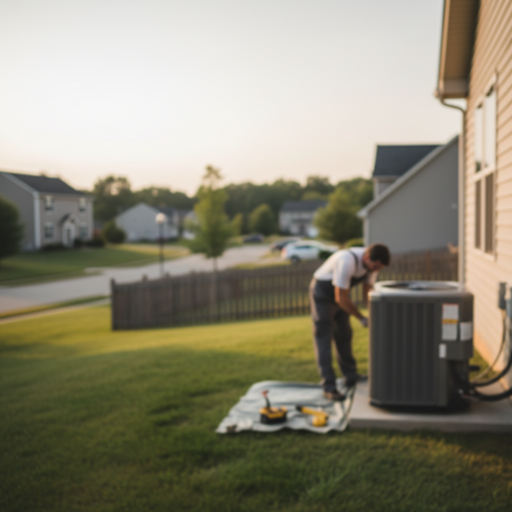 Subtle, atmospheric shot of an AC technician performing AC not cooling repair at a residential property in Elkton, MD.