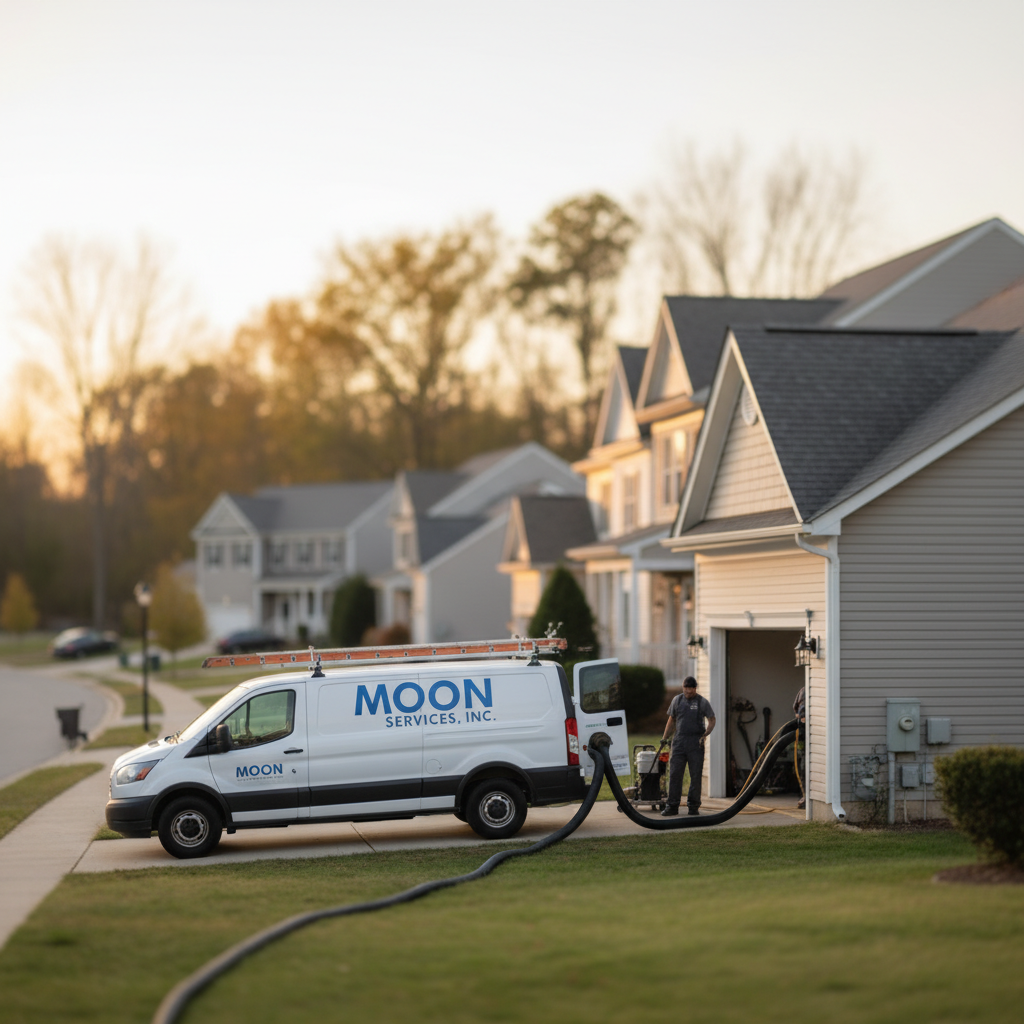 Subtle neighborhood view of Moon Services performing AC duct cleaning in Elkton, MD.