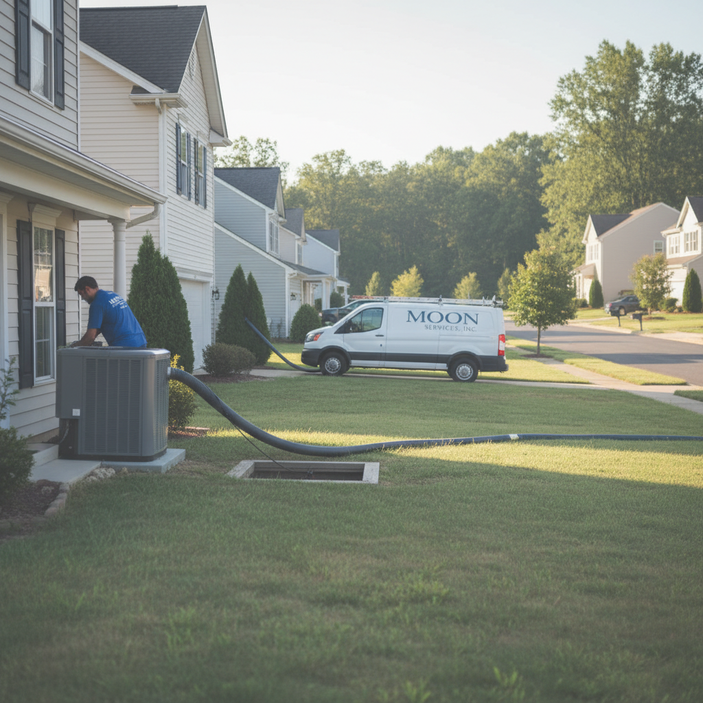 Subtle view of a Moon Services van and equipment set up for HVAC duct cleaning in a quiet Elkton, MD neighborhood.