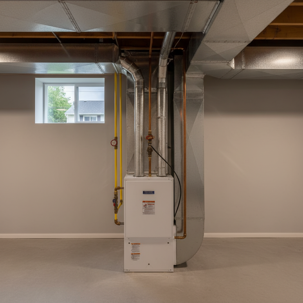 Subtle view of a new gas furnace installation in a clean basement, reflecting Elkton, MD residential quality.
