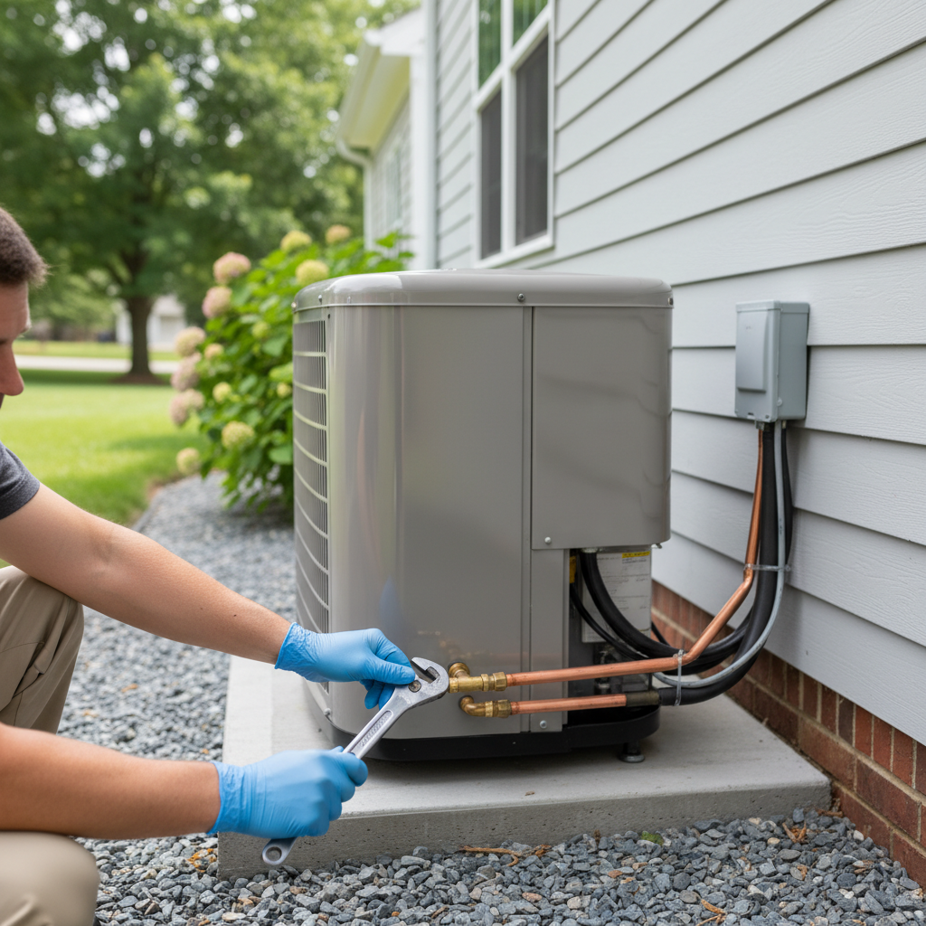 Technician performing a detailed new AC unit installation, tightening connections in Elkton, MD.