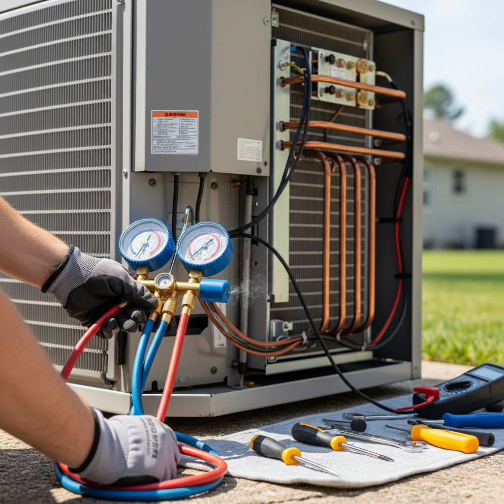Technician using gauges to diagnose and repair an AC unit not cooling, showcasing expert AC repair in Elkton, MD.